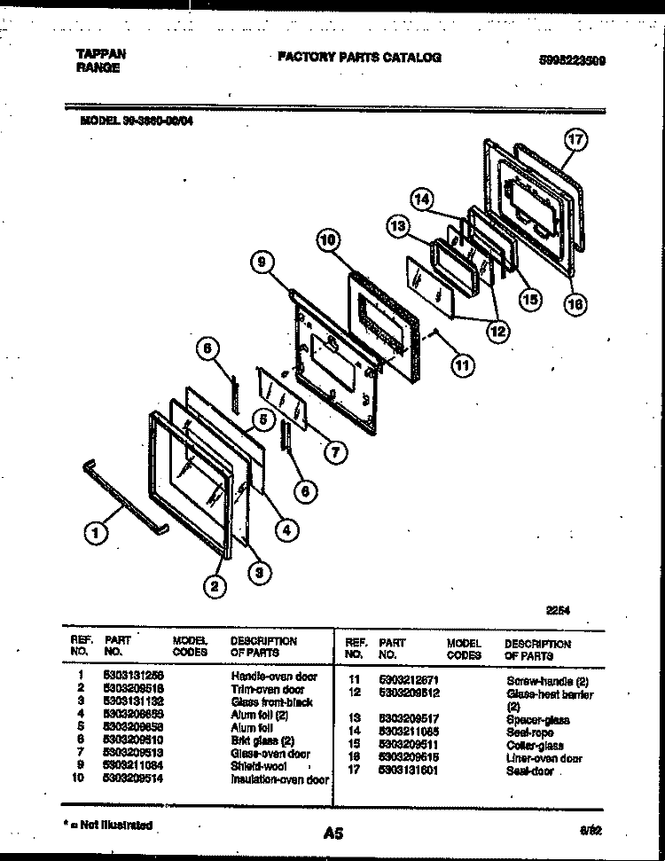 DOOR PARTS Diagram and Parts List for 30-3860-23-04  Tappan Range