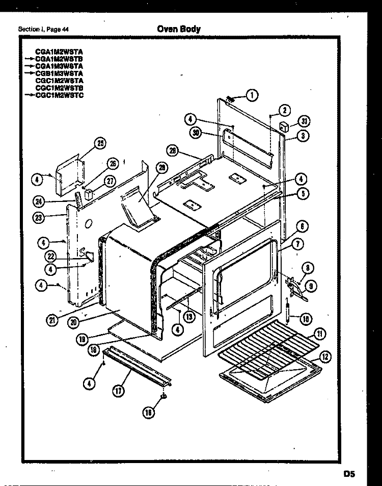 OVEN BODY Diagram and Parts List for CGC1M2WSTA  Gibson Range