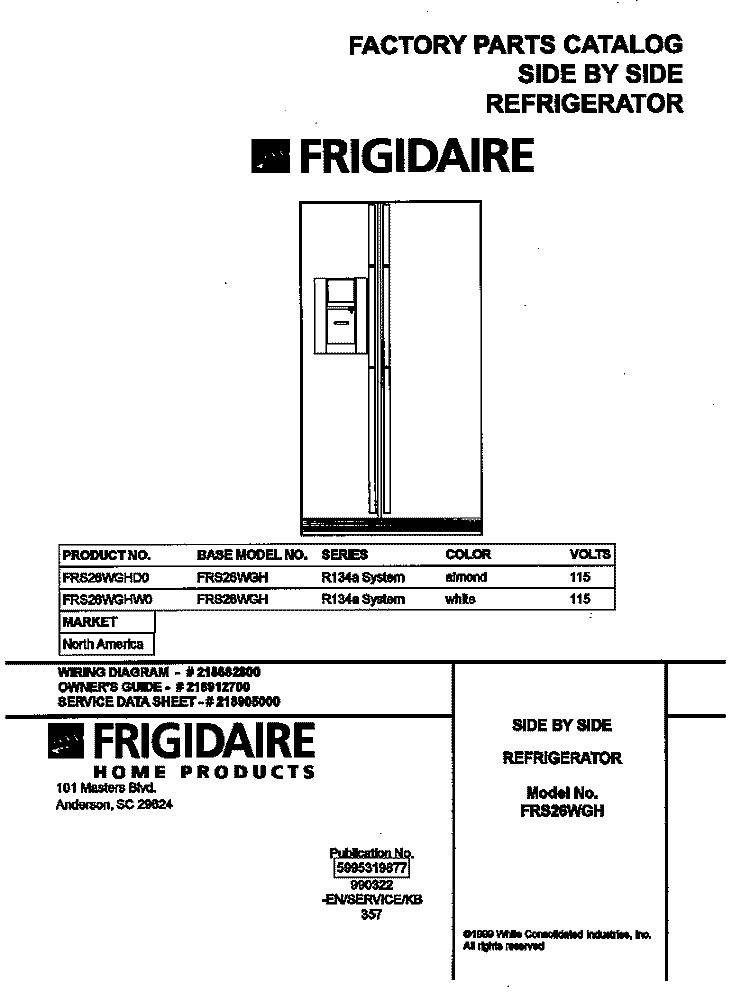 COVER Diagram and Parts List for FRS26WGHW0  Frigidaire Refrigerator