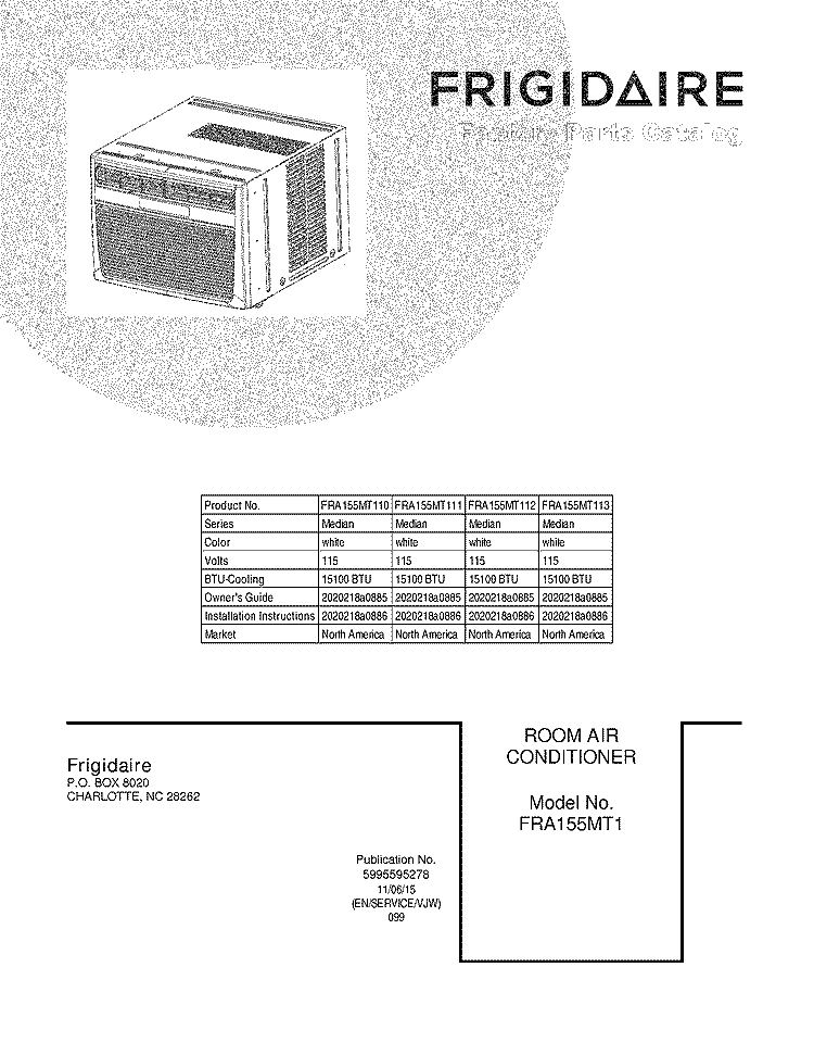 COVER Diagram and Parts List for FRA155MT111  Frigidaire Air Conditioner