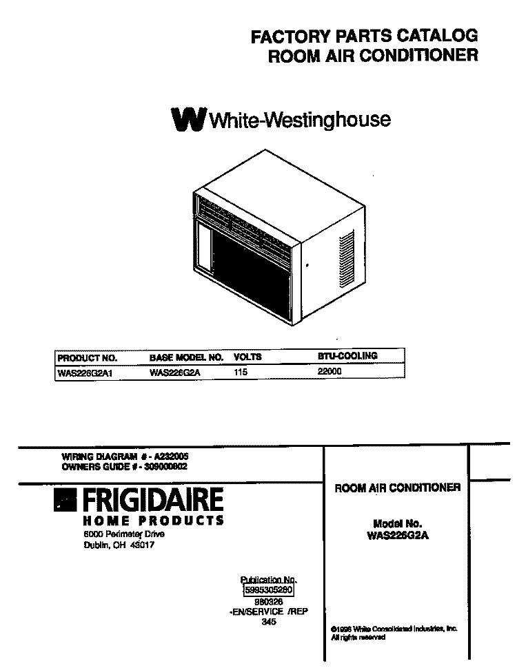 COVER Diagram and Parts List for WAS226G2A1  Frigidaire Air Conditioner