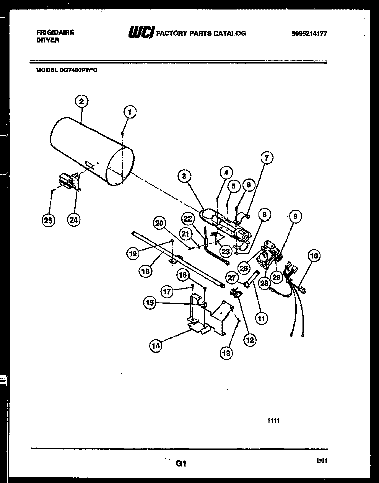 BURNER, IGNITER AND VALVE Diagram and Parts List for DG7400PW0  Frigidaire Dryer