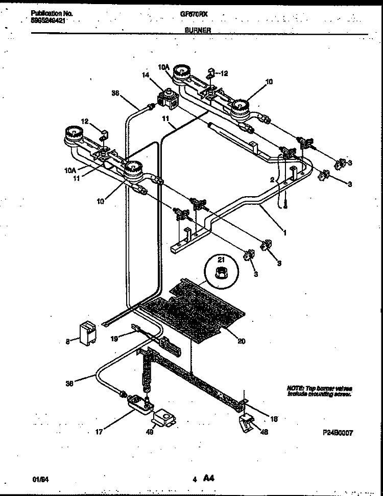 BURNER, MANIFOLD AND GAS CONTROL Diagram and Parts List for GF670RXW4  Frigidaire Range