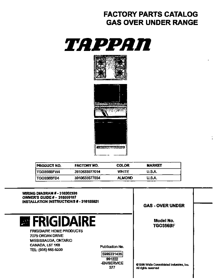 COVER Diagram and Parts List for TGO356BFW4  Frigidaire Range
