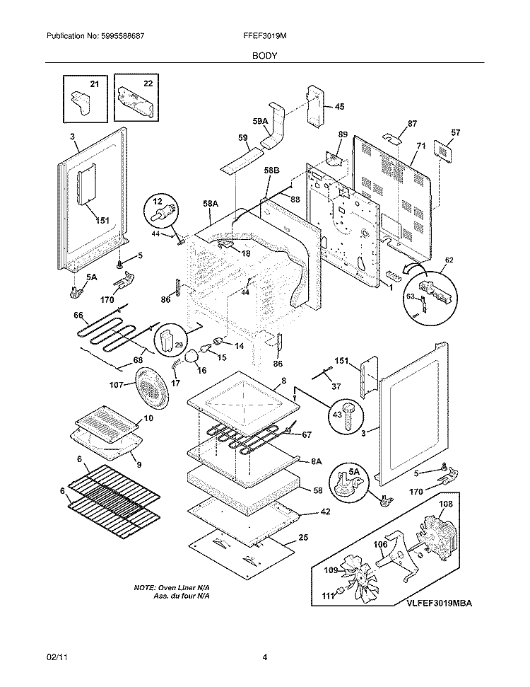 BODY Diagram and Parts List for FFEF3019MBB  Frigidaire Range