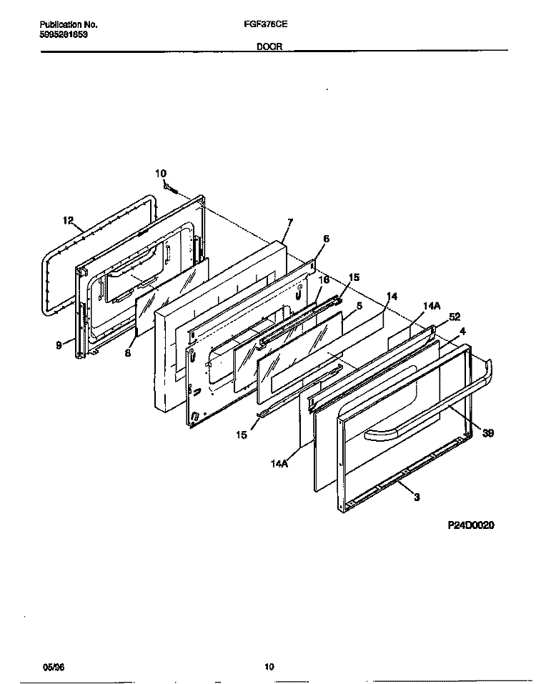 DOOR Diagram and Parts List for FGF376CETA  Frigidaire Range
