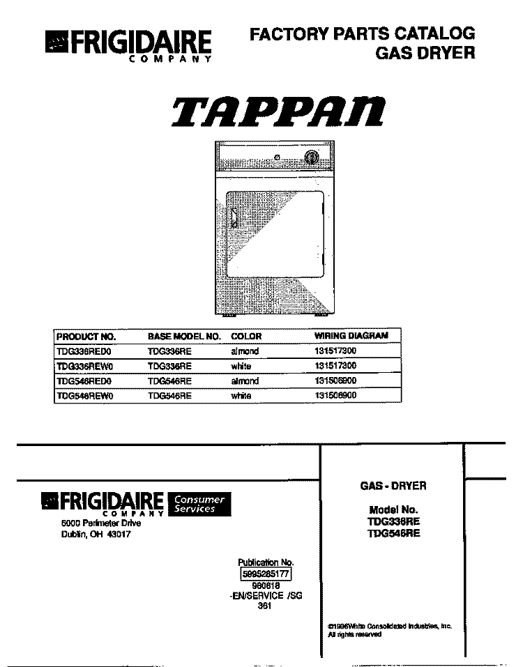 COVER Diagram and Parts List for TDG336REW0  Tappan Dryer