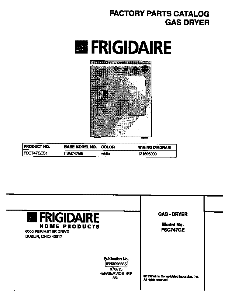 COVER Diagram and Parts List for FSG747GES1  Frigidaire Dryer