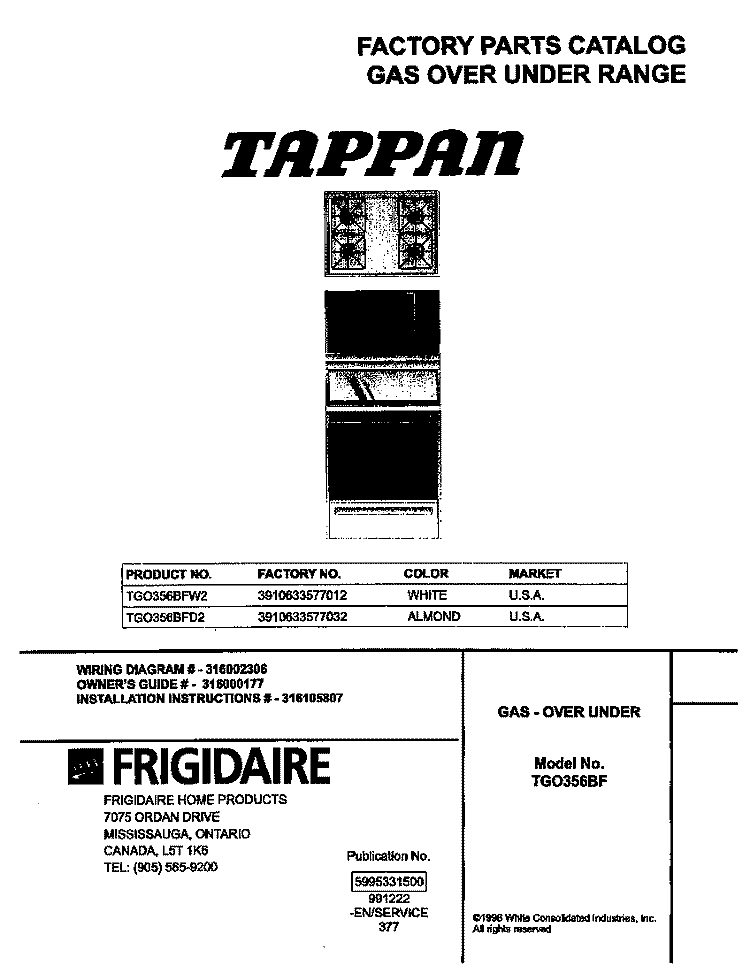 COVER Diagram and Parts List for TGO356BHD2  Tappan Range