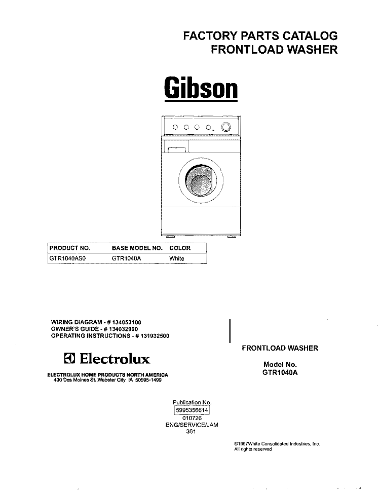 COVER Diagram and Parts List for GTR1040AS0  Gibson Washer