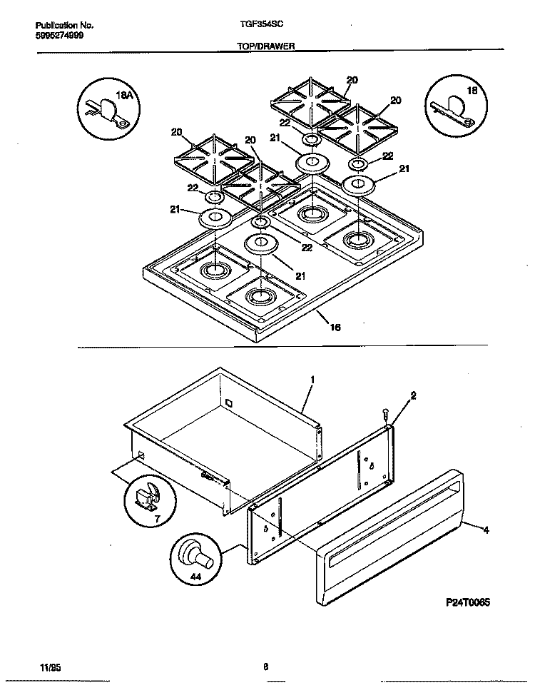 TOP / DRAWER Diagram and Parts List for TGF354SCDB  Tappan Range