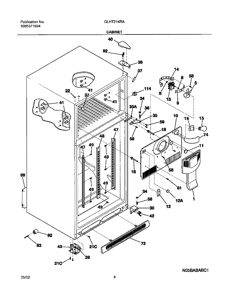 CABINET Diagram and Parts List for GLHT214RAW3  Frigidaire Refrigerator
