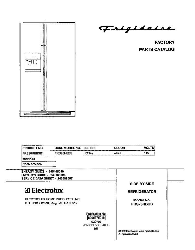 COVER Diagram and Parts List for FRS26HBBSB1  Frigidaire Refrigerator