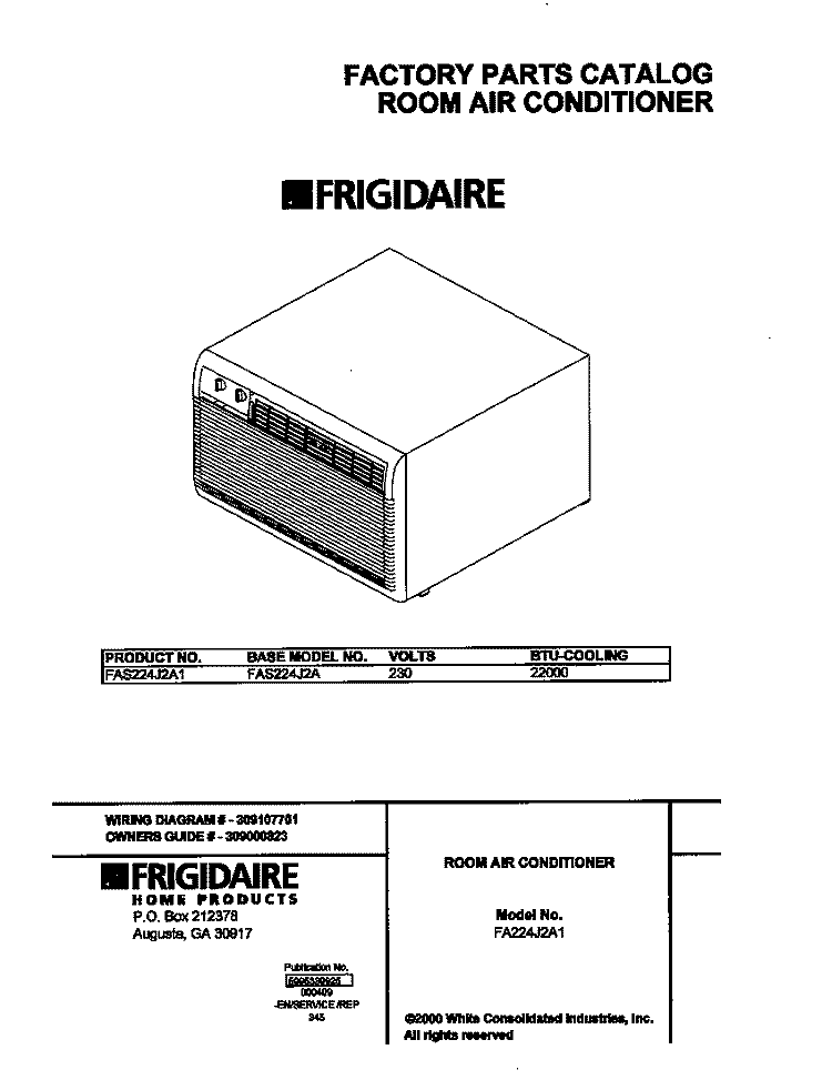 COVER Diagram and Parts List for FAS224J2A1  Frigidaire Air Conditioner