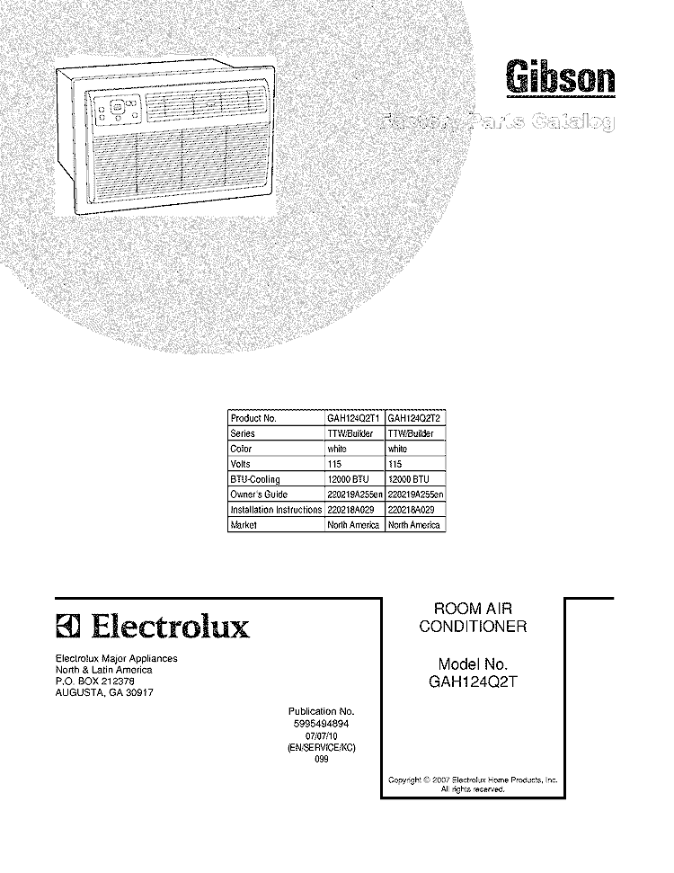 COVER Diagram and Parts List for GAH124Q2T2  Gibson Air Conditioner