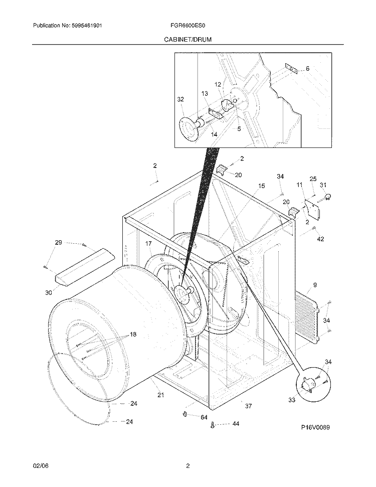 CABINET / DRUM Diagram and Parts List for FGR6600ES0  Frigidaire Dryer