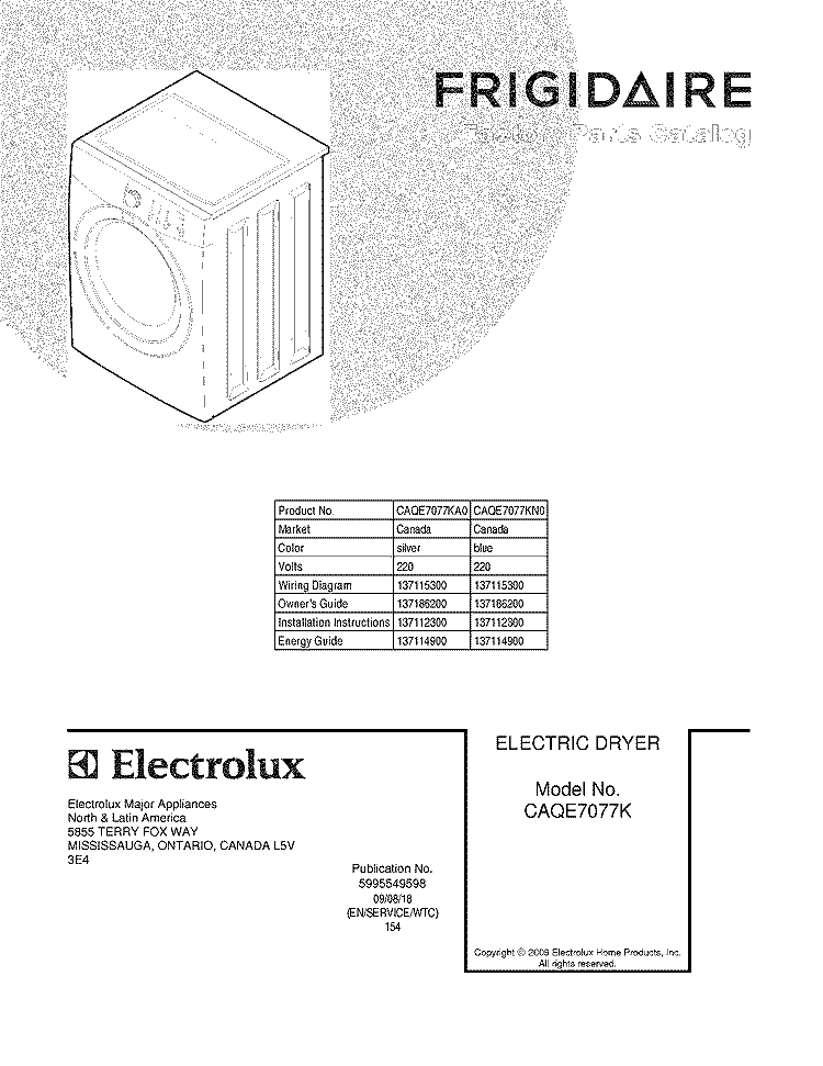 COVER Diagram and Parts List for CAQE7077KA0  Frigidaire Dryer