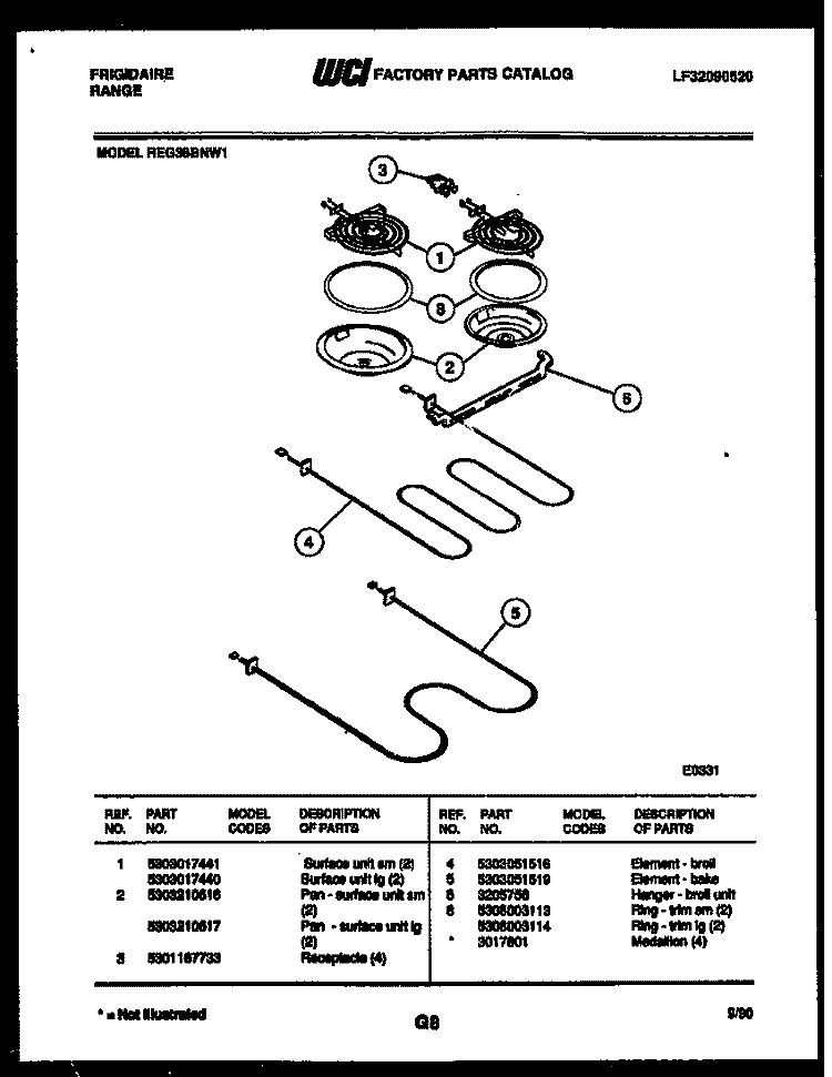 BROILER PARTS Diagram and Parts List for REG38BNW1  Frigidaire Range