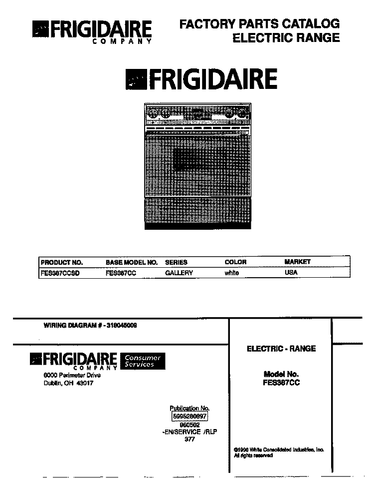 COVER Diagram and Parts List for FES387CCSD  Frigidaire Wall Oven