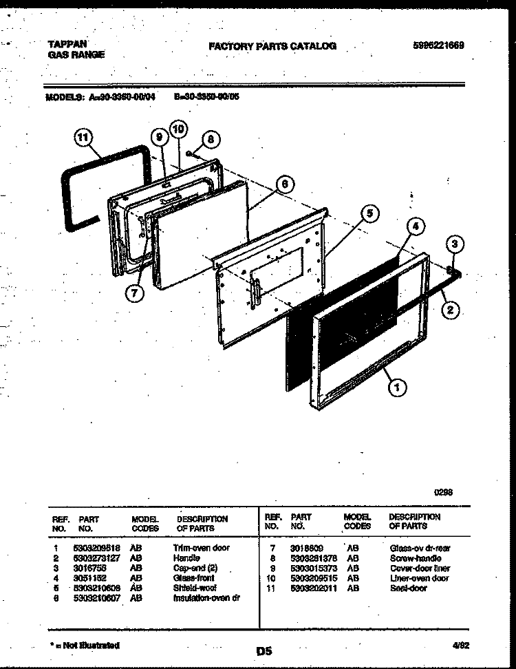 DOOR PARTS Diagram and Parts List for 30-3350-23-05  Tappan Range