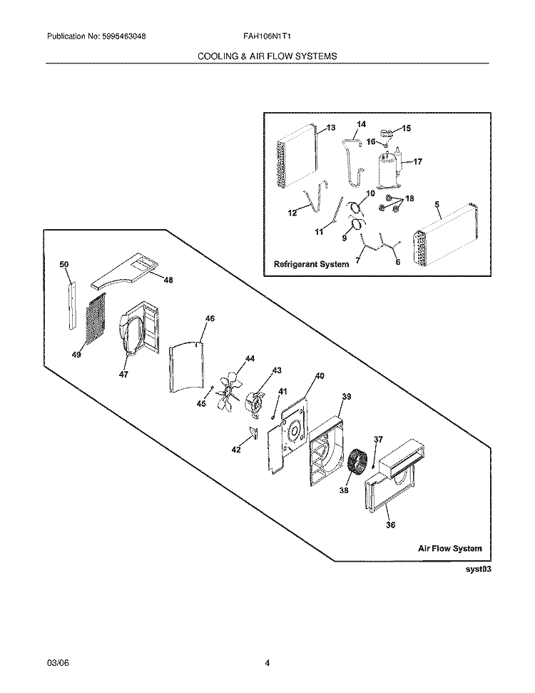 COOLING & AIR FLOW SYSTEMS Diagram and Parts List for FAH106N1T1  Frigidaire Air Conditioner