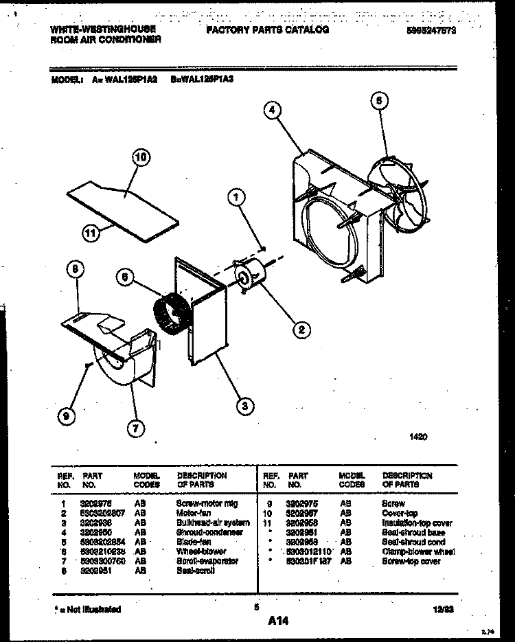 AIR HANDLING PARTS Diagram and Parts List for WAL125P1A3  Frigidaire Air Conditioner