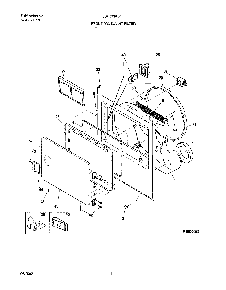 FRNT PNL, DOOR Diagram and Parts List for GGF331AS1  Gibson Dryer