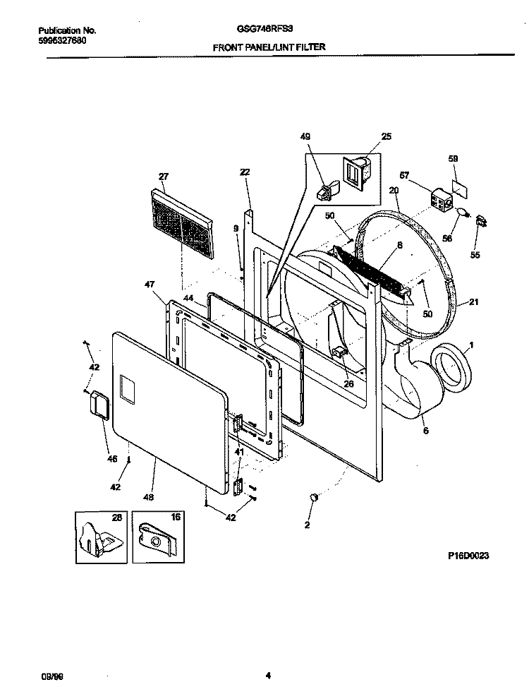 P16D0023 FRNT PNL, DOOR Diagram and Parts List for GSG746RFS3  Gibson Dryer