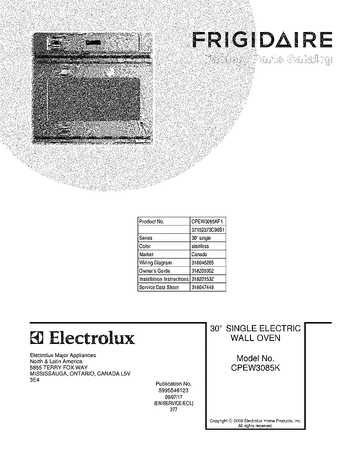 COVER Diagram and Parts List for CPEW3085KF1  Frigidaire Wall Oven