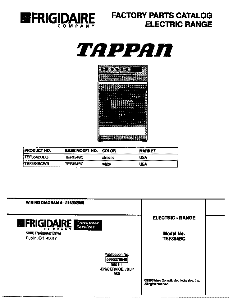 COVER Diagram and Parts List for TEF354BCWB  Tappan Range
