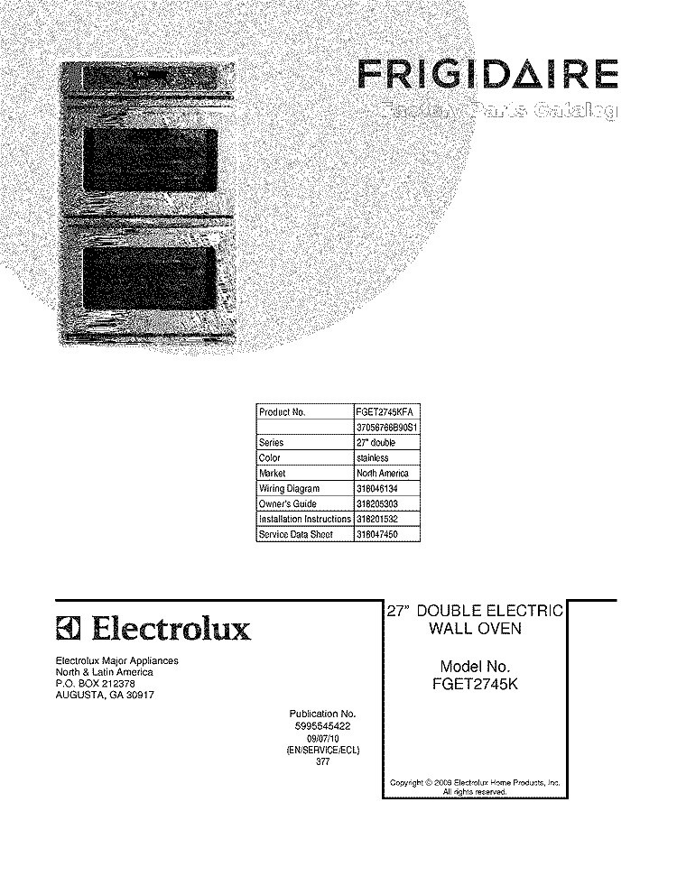 COVER Diagram and Parts List for FGET2745KFA  Frigidaire Wall Oven