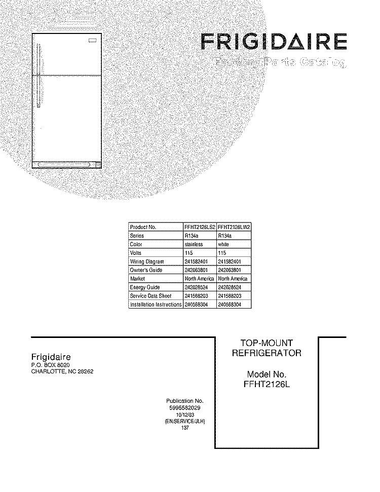 COVER Diagram and Parts List for FFHT2126LS2  Frigidaire Refrigerator