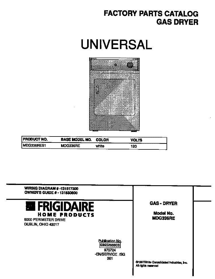 COVER Diagram and Parts List for MDG336RES1  Frigidaire Dryer