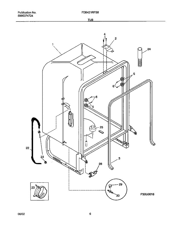 TUB Diagram and Parts List for FDB421RFS8  Frigidaire Dishwasher