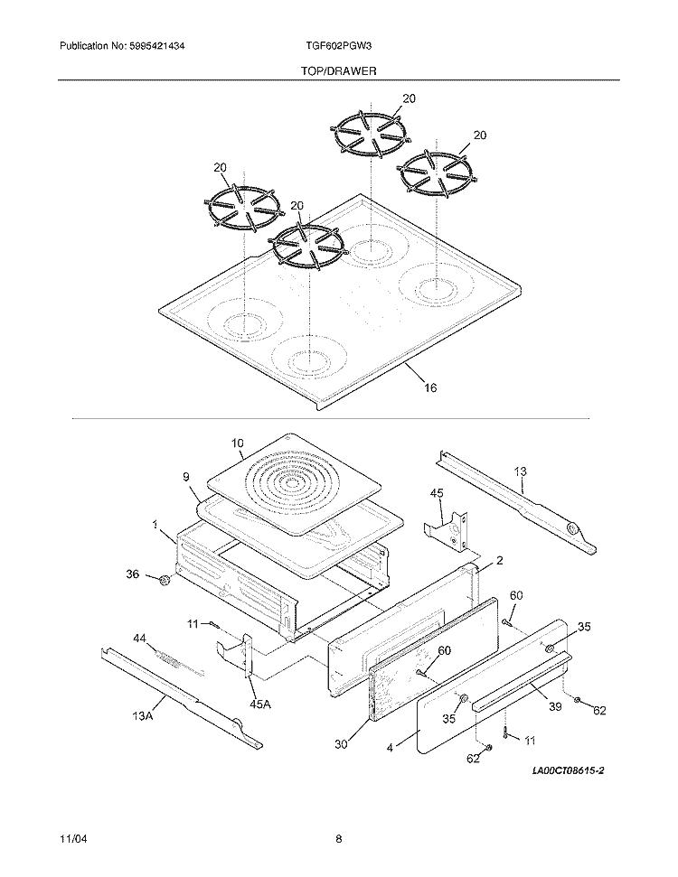 TOP / DRAWER Diagram and Parts List for TGF602PGW3  Tappan Range