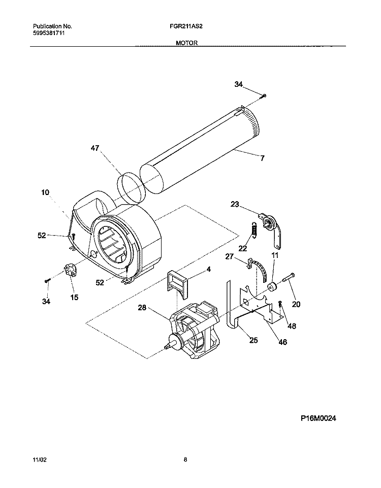 MOTOR Diagram and Parts List for FGR211AS2  Frigidaire Dryer