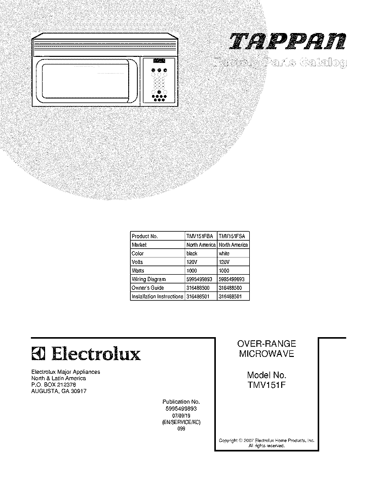 COVER Diagram and Parts List for TMV151FSA  Tappan Microwave