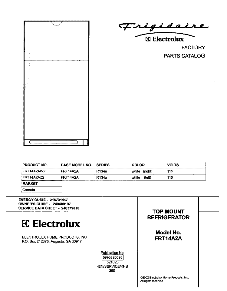 COVER Diagram and Parts List for FRT14A2AW2  Frigidaire Refrigerator