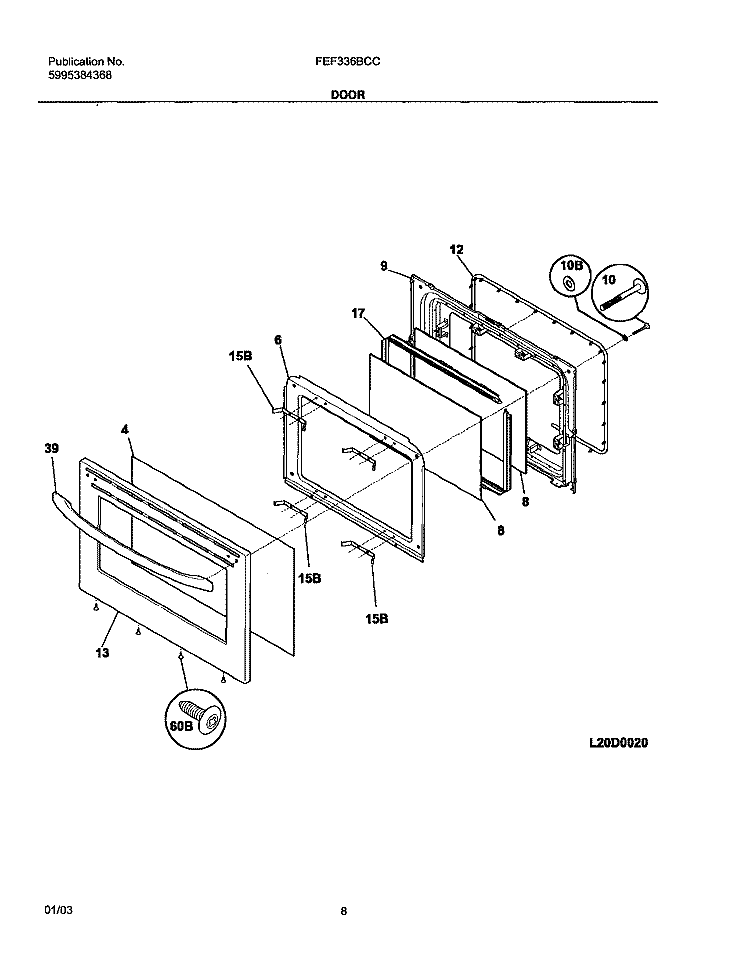 DOOR Diagram and Parts List for FEF336BCC  Frigidaire Range