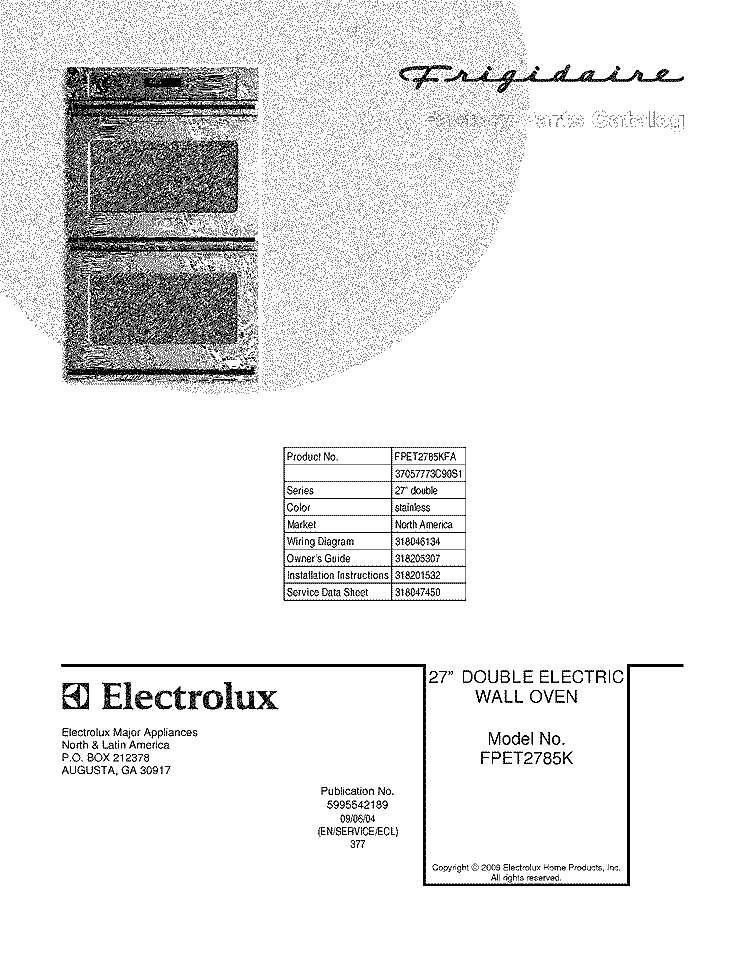 COVER Diagram and Parts List for FPET2785KFA  Frigidaire Wall Oven