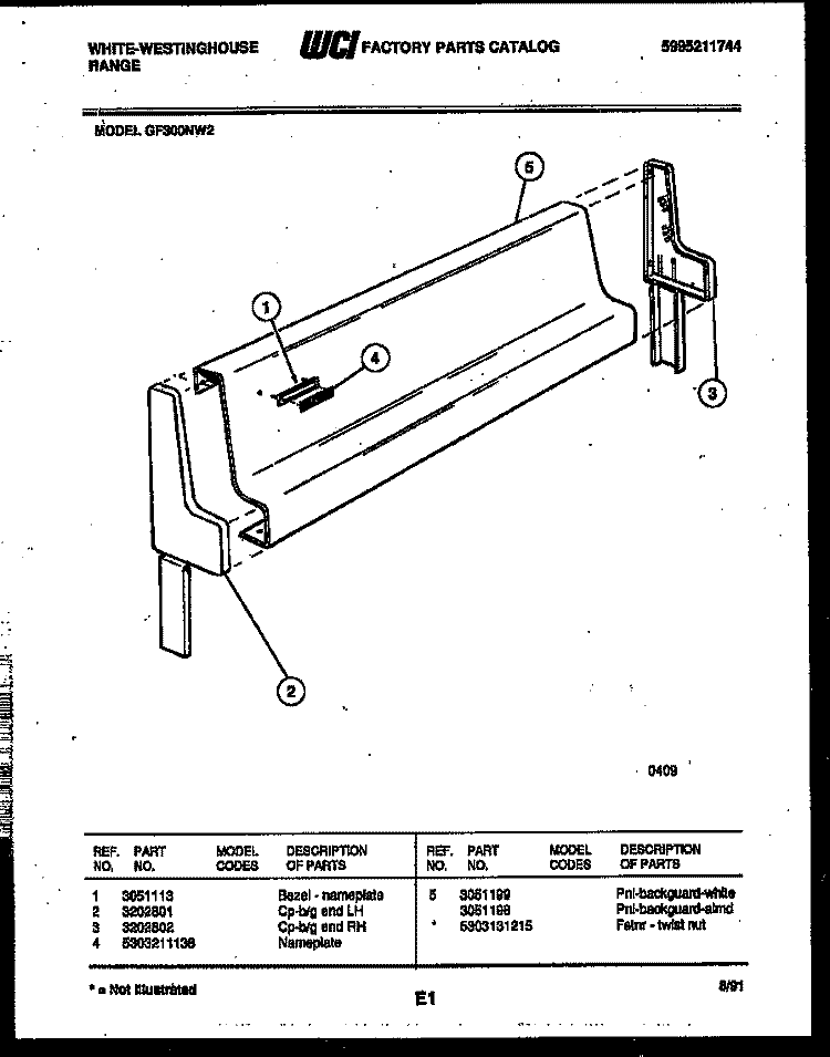 BACKGUARD Diagram and Parts List for GF300ND2  Frigidaire Range