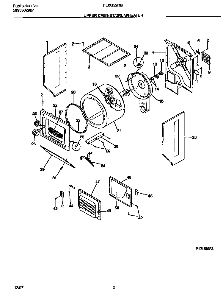 UPPER CABINET / DRUM / HEATER Diagram and Parts List for FLXG52RBS5  Frigidaire Washer Dryer Combo