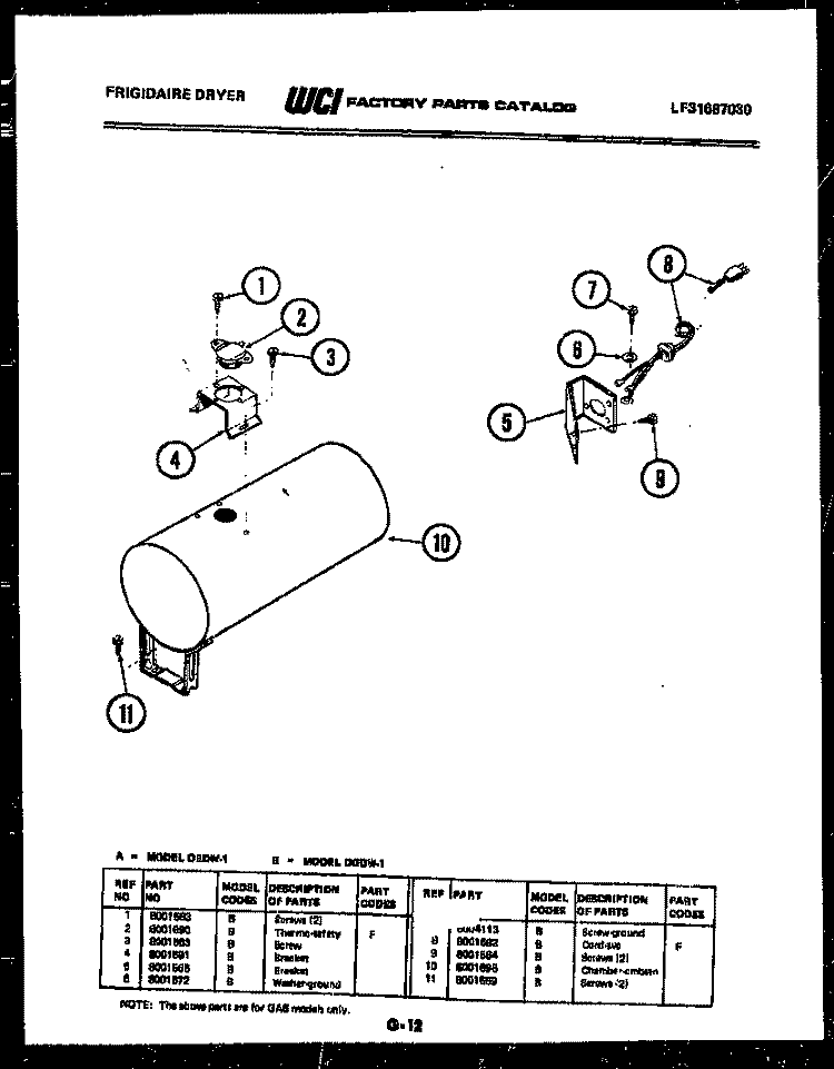 COMBUSTION CHAMBER Diagram and Parts List for DEDW1  Frigidaire Dryer