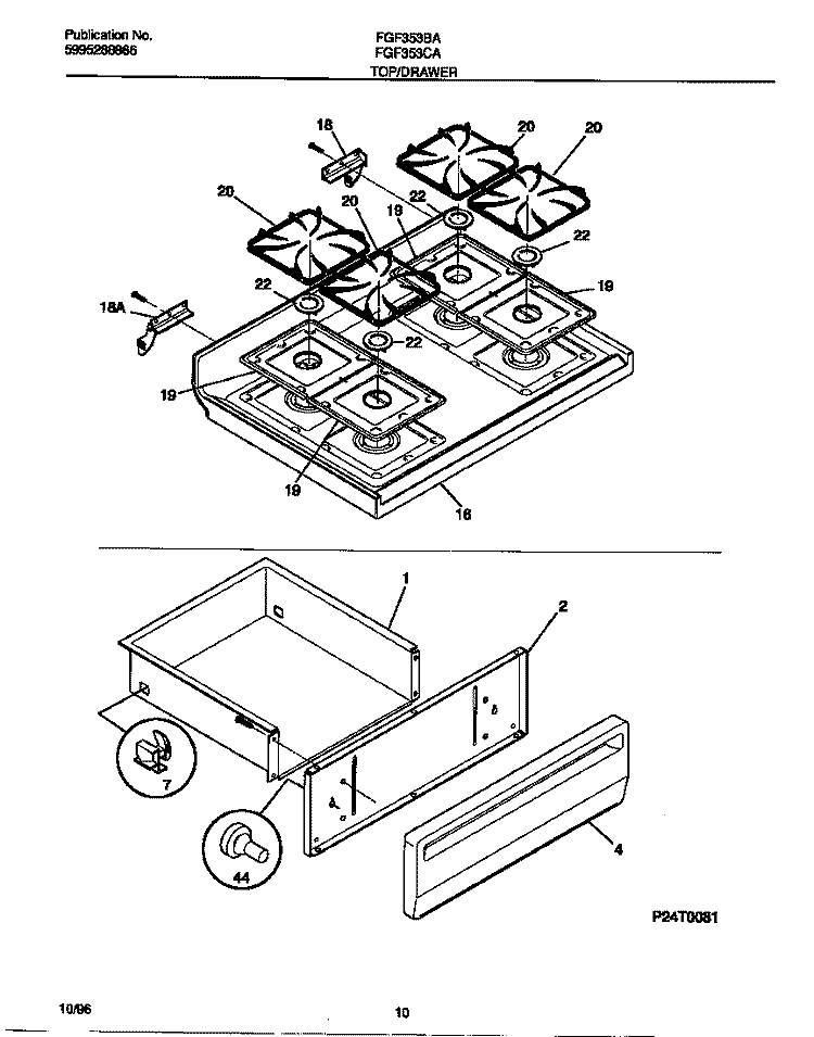 TOP / DRAWER Diagram and Parts List for FGF353CASF  Frigidaire Range