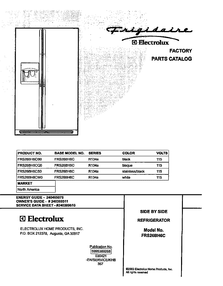 COVER Diagram and Parts List for FRS26BH6CB0  Frigidaire Refrigerator