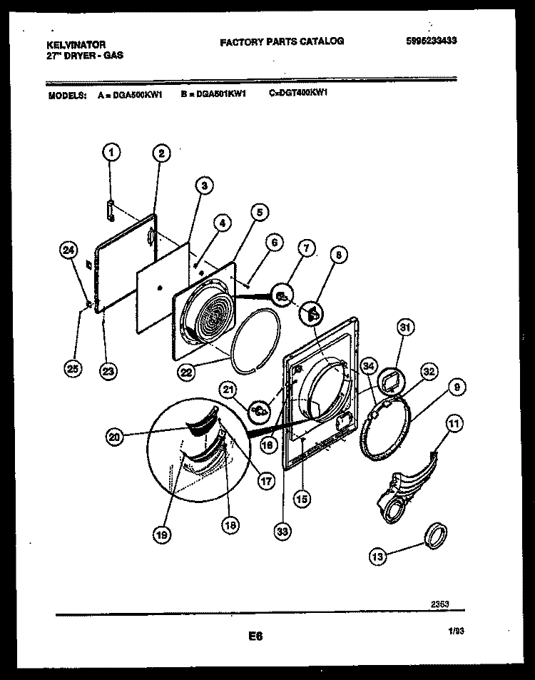 DOOR PARTS Diagram and Parts List for DGA500KW1  Kelvinator Dryer