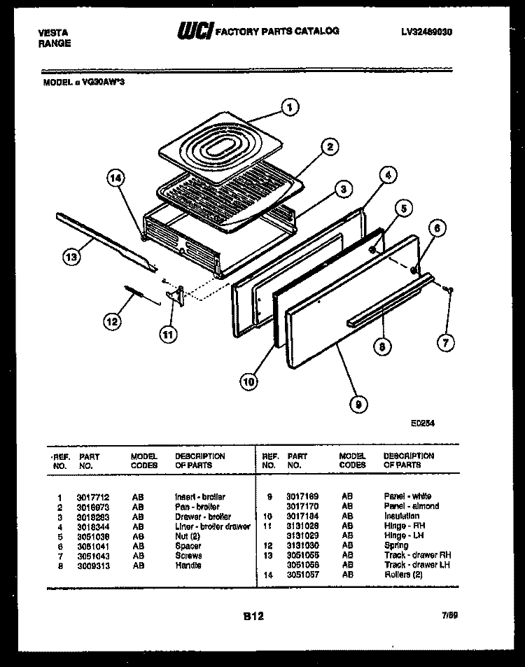 BROILER DRAWER PARTS Diagram and Parts List for VG30AW3  Tappan Range