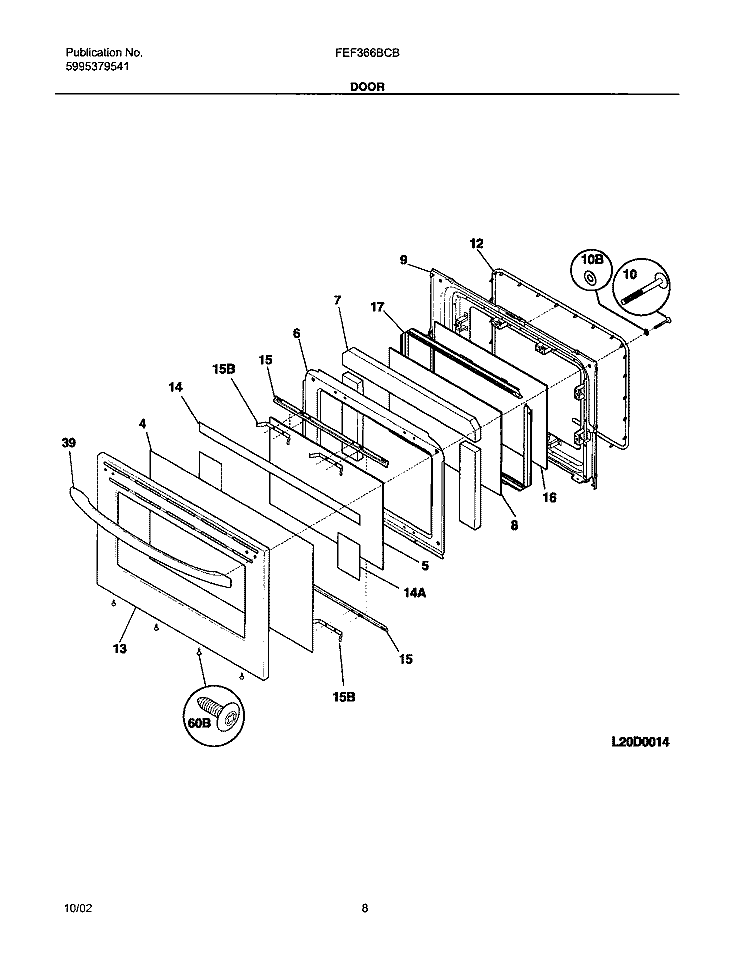 DOOR Diagram and Parts List for FEF366BCB  Frigidaire Range