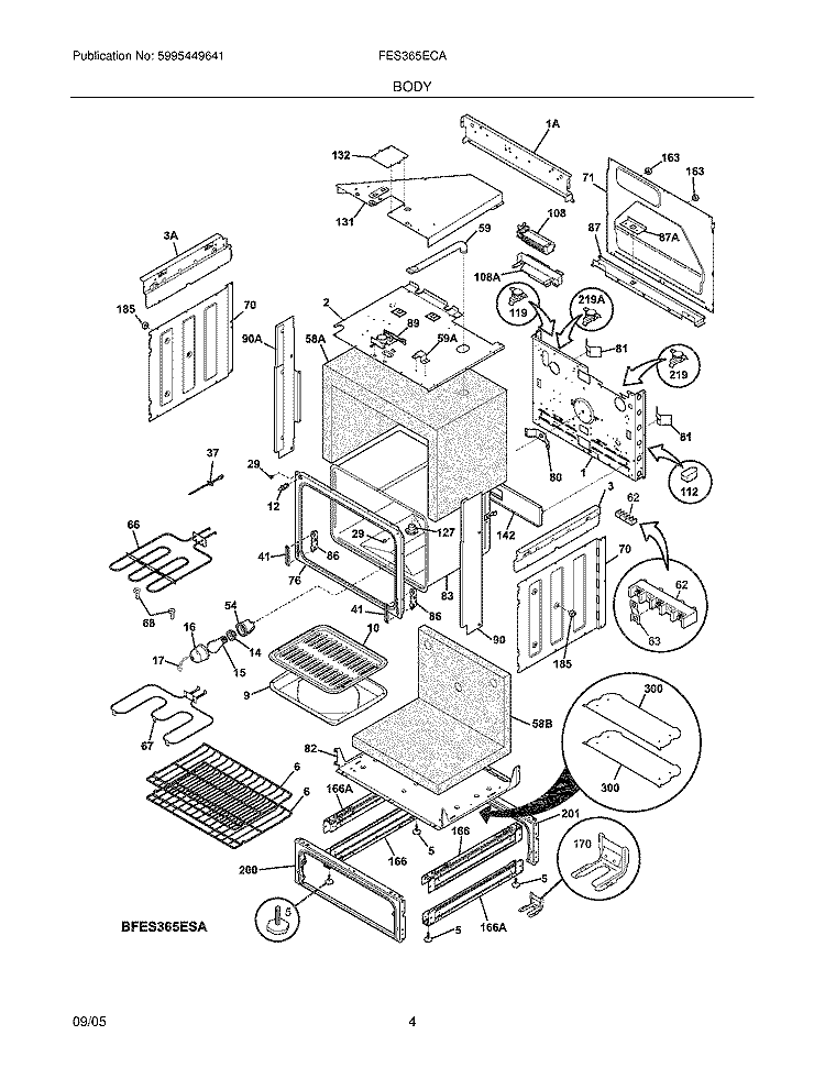 BODY Diagram and Parts List for FES365ECA  Frigidaire Range