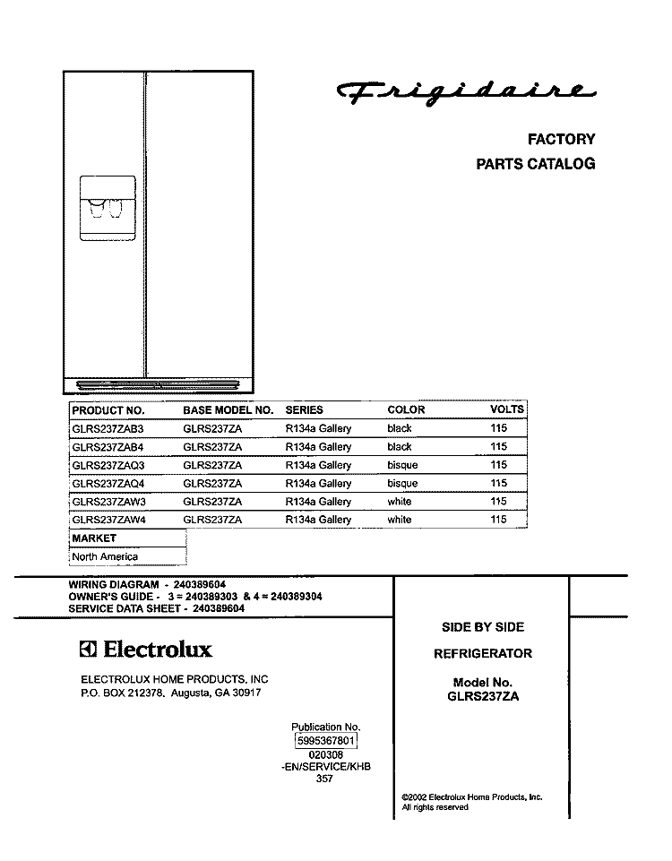 COVER Diagram and Parts List for GLRS237ZAW4  Frigidaire Refrigerator